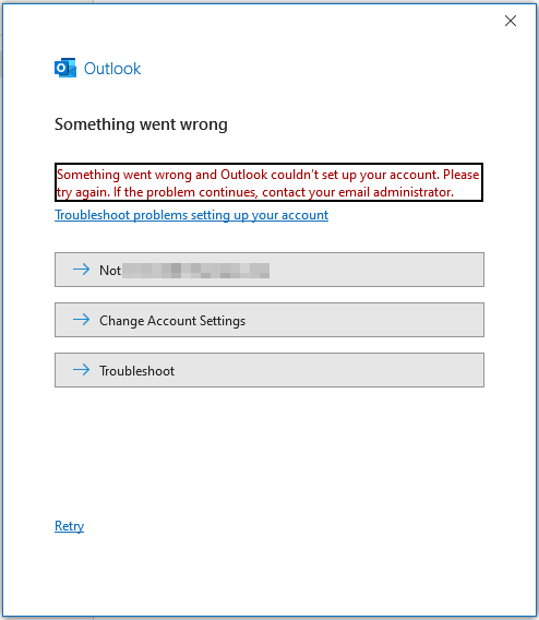 Something went wrong and Outlook couldn't set up your account.