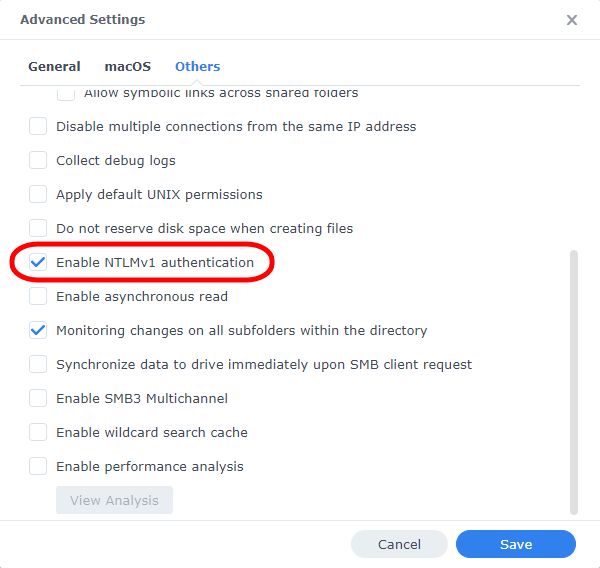 Synology NAS > Enable NTLMv1 Authentication