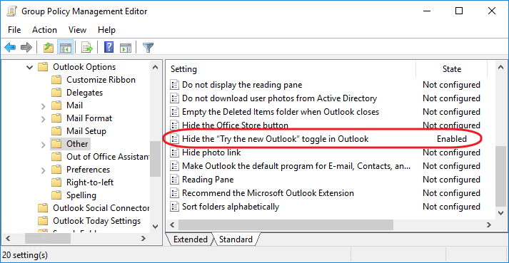 Hide the “Try the new Outlook” toggle in Outlook