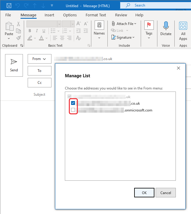 Outlook > From > Manage List