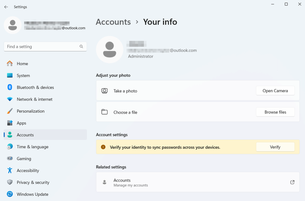 Windows Settings > Accounts > Your Info